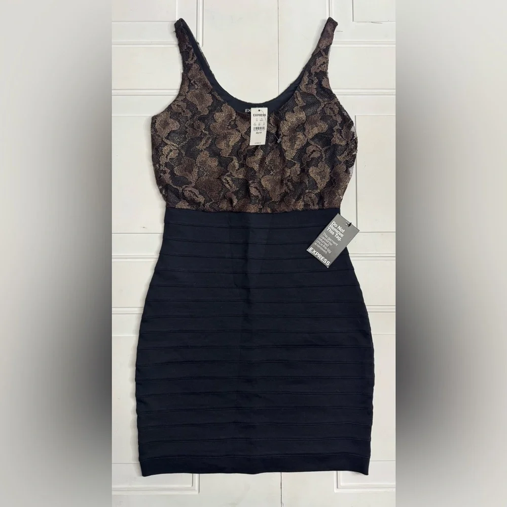 Express NWT Bodycon Black Tan Lace Sleeveless Cocktail Dress Size XS - Picture 1 of 7